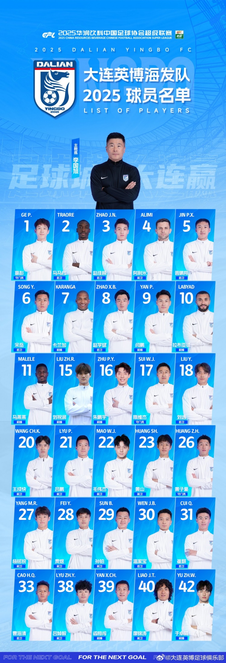大連英博一線隊(duì)名單：10號(hào)拉布亞德領(lǐng)銜五外援，共30名球員入選