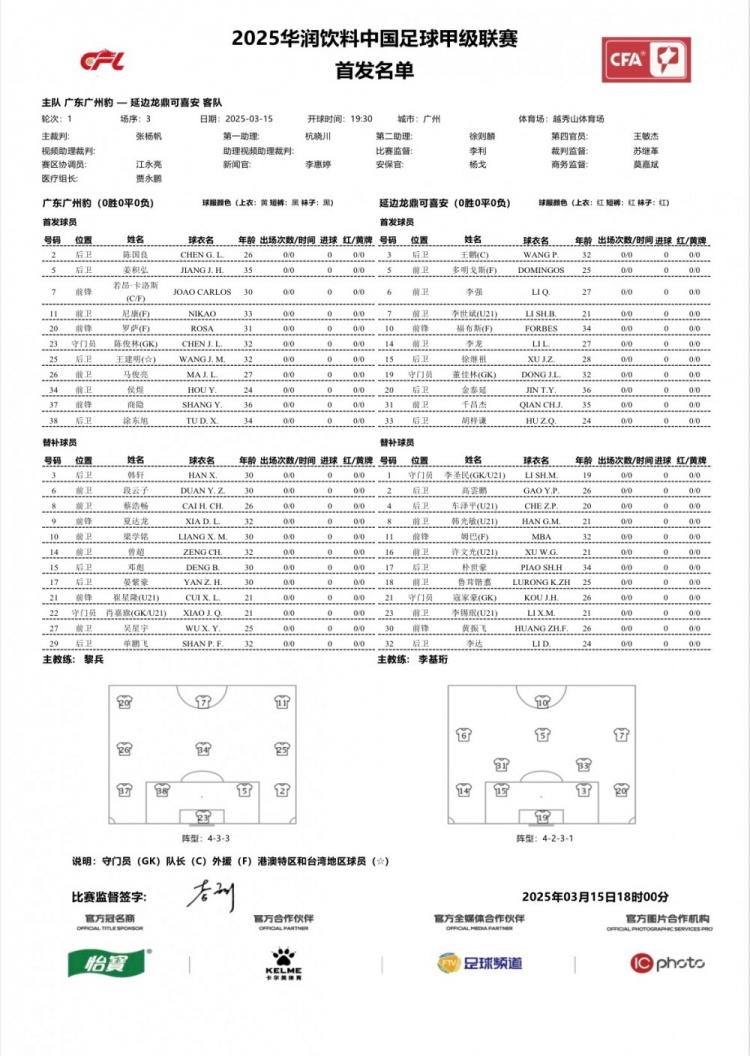 廣州豹vs延邊龍鼎首發(fā)：卡洛斯、羅薩、尼康三外援領銜廣州豹