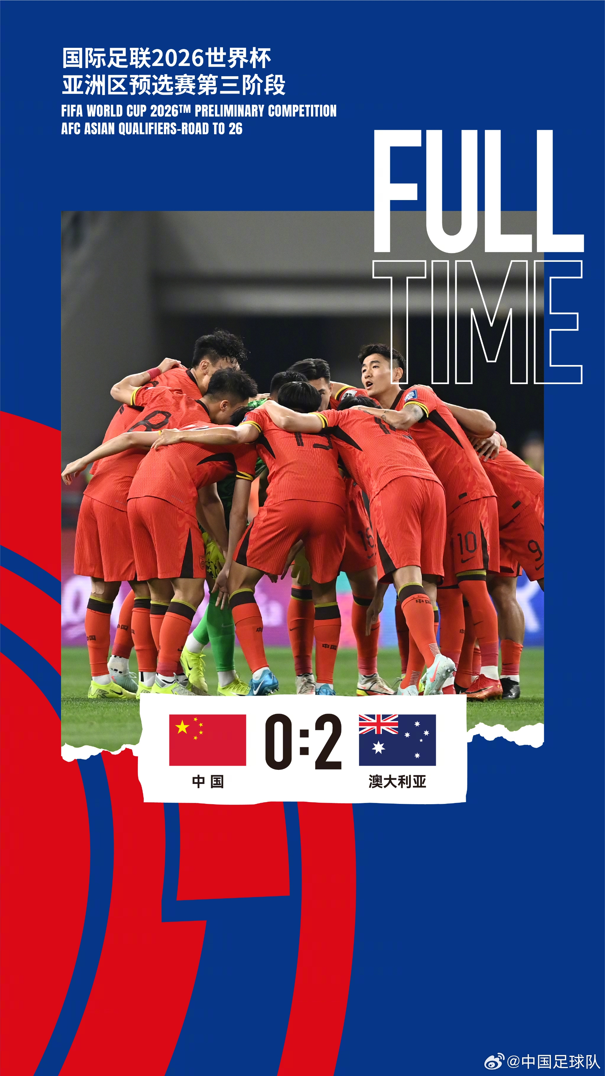 美加墨世界杯亞洲區(qū)預(yù)選賽第三階段第八輪，中國(guó)隊(duì)0-2澳大利亞隊(duì)