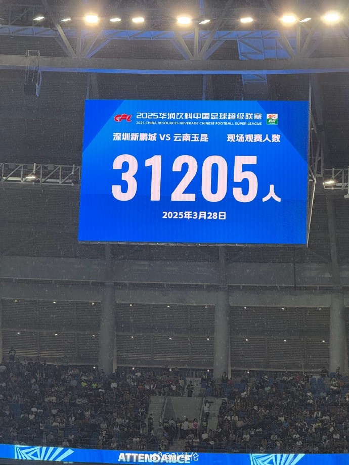 新鵬城新賽季首個(gè)主場(chǎng)現(xiàn)場(chǎng)觀眾31205人，為隊(duì)史最高上座人數(shù)
